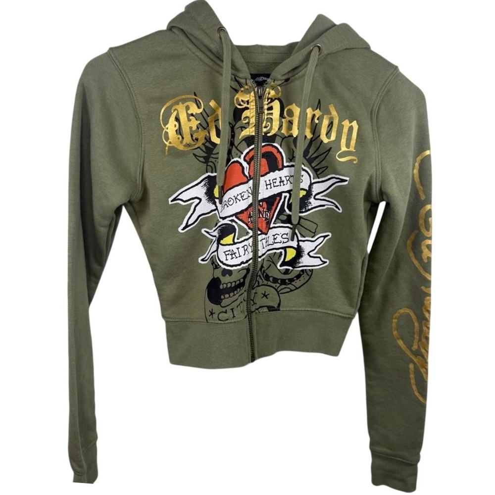 Ed Hardy zip up hoodie XS y2k Mcbling crop green sweatshirt